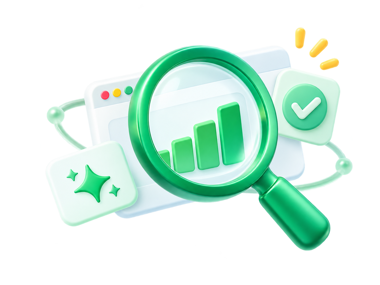 A green magnifying glass exploring a website growth chart, surrounded by helpful insights.